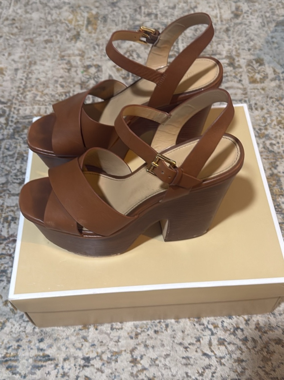 Michael Kors Brown Leather Cross-Strap Platform Sandals - Picture 4 of 6